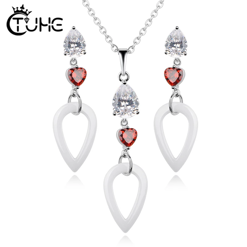 

Fashion Women Jewelry Sets Austrian Red Heart Crystal Necklace Earrings Water Drop Ceramic Material Necklace Set for Woman Gift