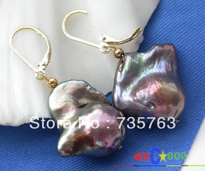 

xiuli 00102 ONLY HIGE 30MM BLACK KESHI REBORN PEARL EARRING 14KGP-20