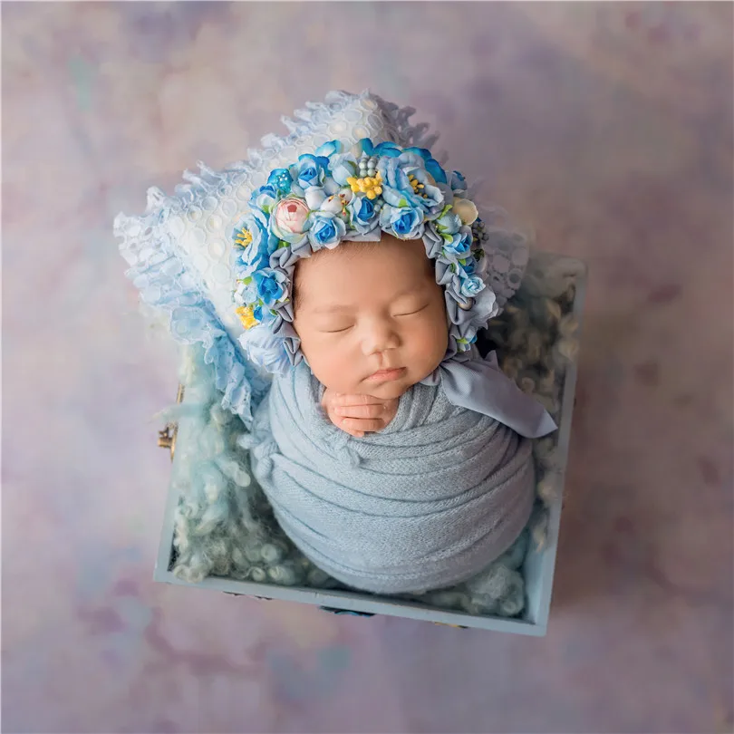 Синий цветочный чепчик милый ребенок девочка цветок шляпа новорожденный реквизит для фотосессии для маленьких мальчиков чепчик для девочки Цветочный Новорожденный повязка на голову для новорожденного фотографии реквизит