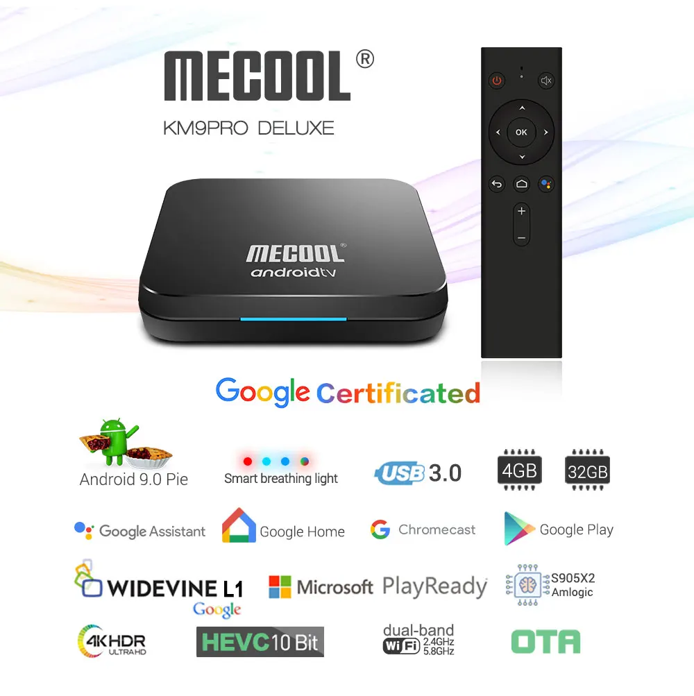 MECOOL KM9 برو الروبوت 9.0 التلفزيون مربع Amlogic S905X2 4G DDR4 32G ROM 4 K جوجل معتمد الروبوت 9 ATV مربع التلفزيون الذكية التحكم الصوتي