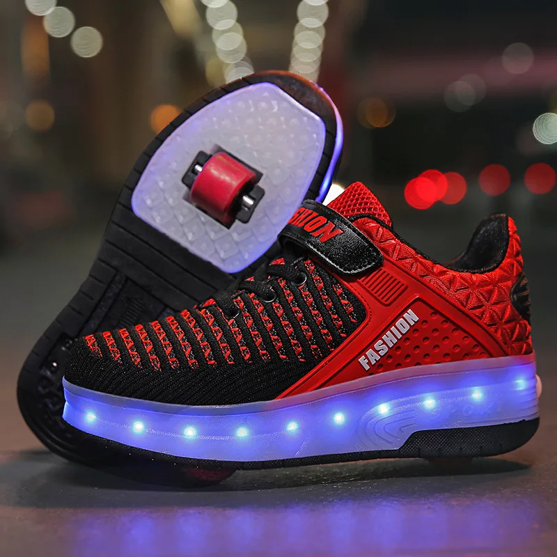 

2019 Spring Winter New Fly Woven Led Children's Light-emitting Wheel Shoes Heelys Skating Pulley Shoes Two Wheels