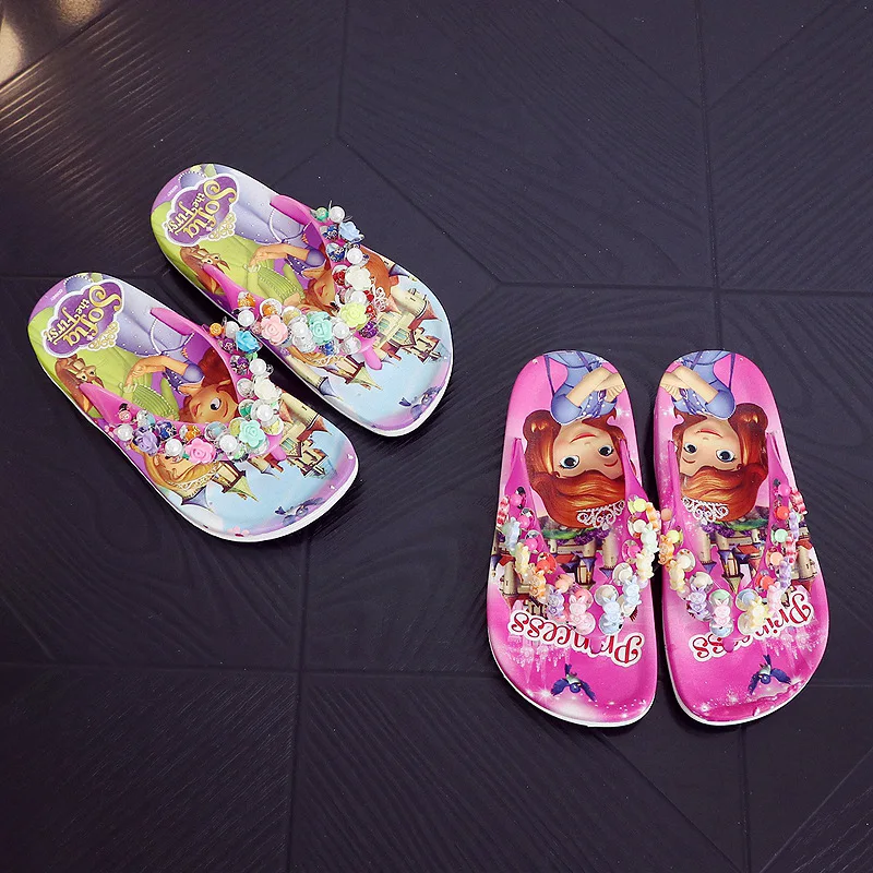 Children Girls Summer Princess PVC Beach Slippers Soft Cartoon Fashion Lovely Beading Non-slip Flip Flop Casual Shoes 2-10years