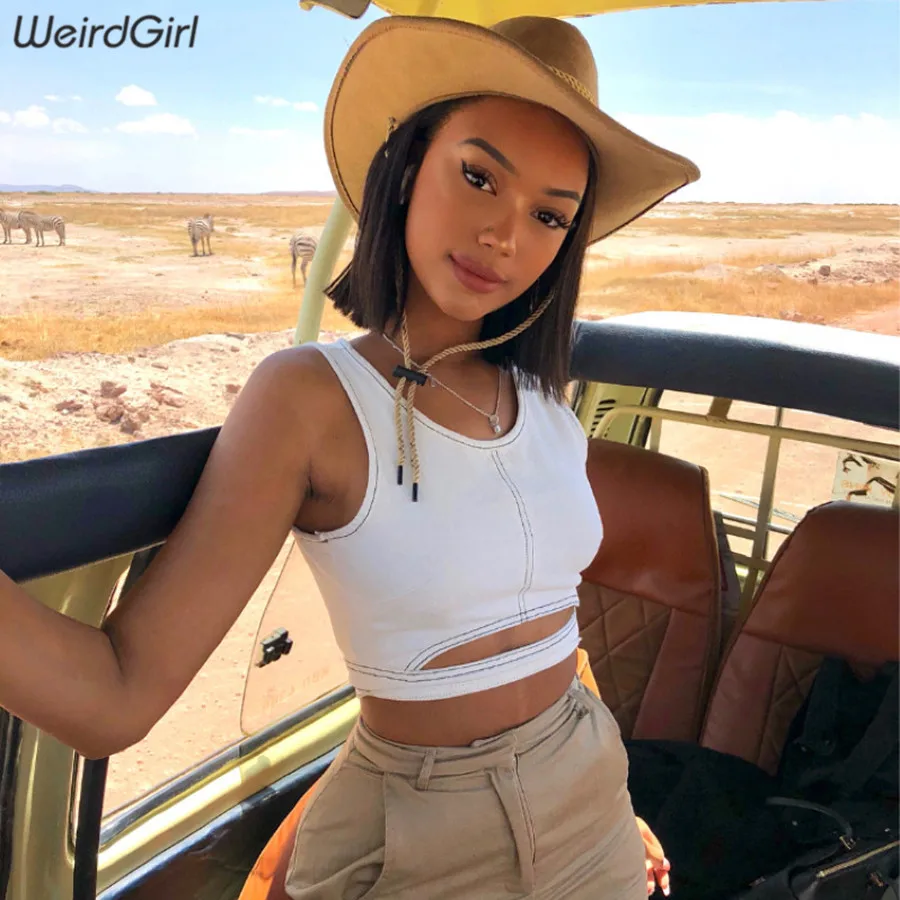 

Weirdgirl Women Tank Tops Casual Fashion Crop Tops O-Neck White Vest hollow out Strapless Summer vacation Strappy New 2019