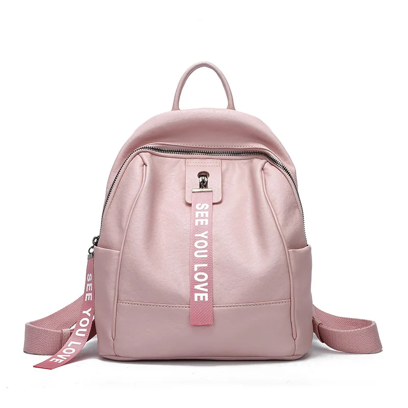

2018 Women PU Leather Letters Prints Travel Backpack Teenagers Girl School Bags with Ear Phone Hole Ladies Korean Backpack