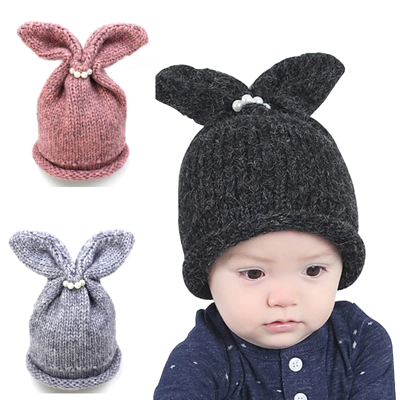 

Lovely Cute baby girls boys knitted crochet winter hats with rabbit bunny ears european style beanies cap
