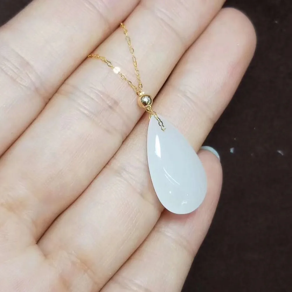 

Zhe Ru Jewelry 18k gold inlaid natural Hetian white jade angel tear pendant necklace sexy clavicle chain