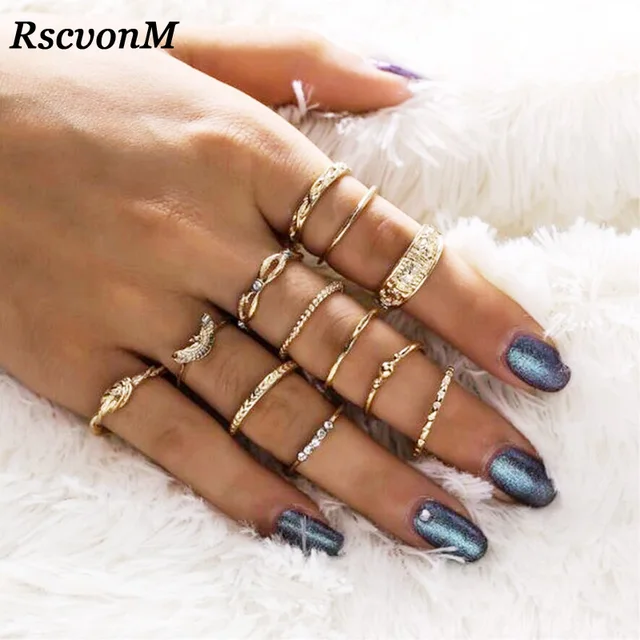 RscvonM 12 pc/set Charm Gold Color Midi Finger Ring Set for Women Vintage Boho K RscvonM 12 pc/set Charm Gold Color Midi Finger Ring Set for Women Vintage Boho K