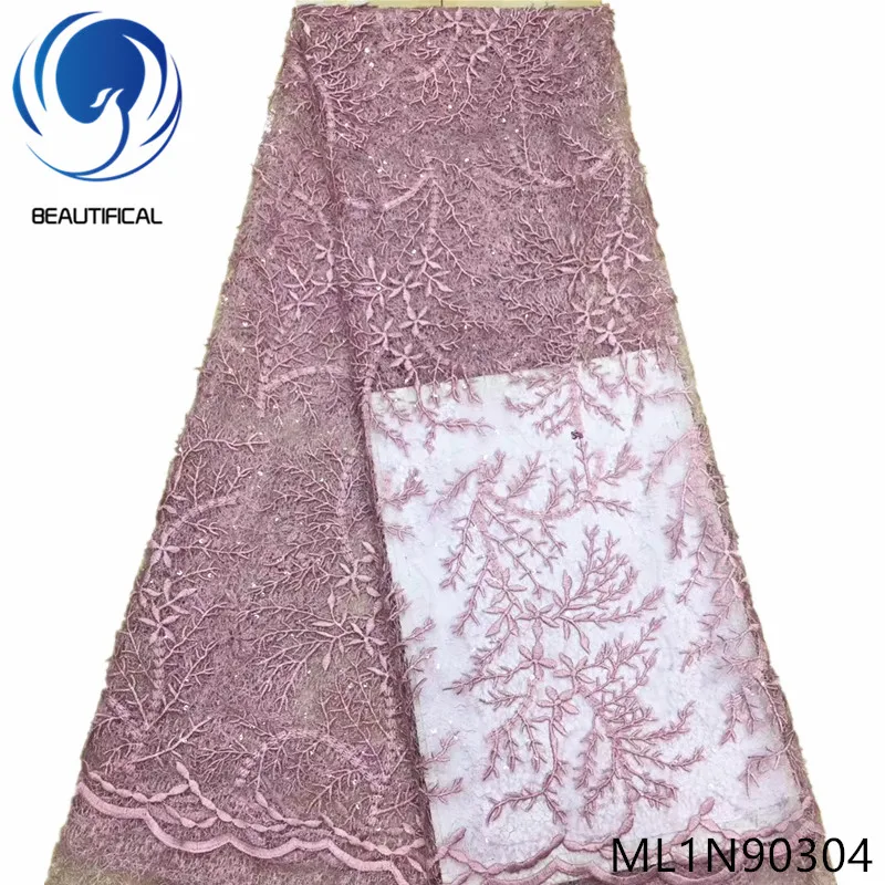 

Beautifical nigerian lace fabric with sequins Latest design embroidery lace fabric for dress 5yards french net lace ML1N903