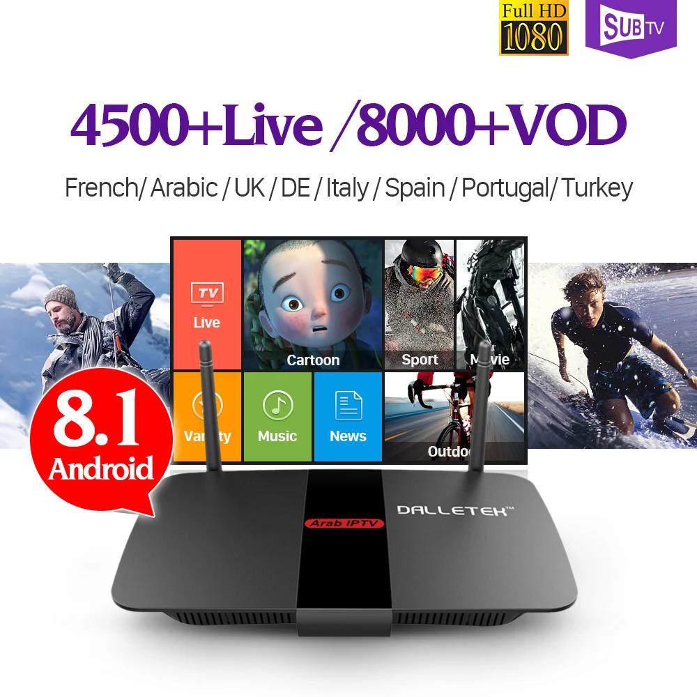 

France IPTV Box Android 8.1 Set top Box with Full HD 1 Year SUBTV subscription IPTV France Arabic Belgium Netherlands Italia