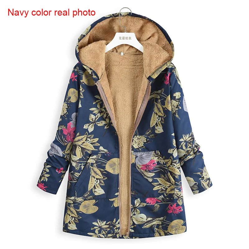 Women Jacket Winter Vintage Floral Print Female Jacket Coat Women Hooded Fleece Basic Jacket Warm Pocket Oversize Outwear 5XL Women Jacket Winter Vintage Floral Print Female Jacket Coat Women Hooded Fleece Basic Jacket Warm Pocket Oversize Outwear 5XL