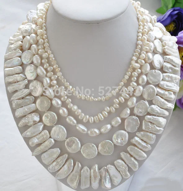 

Wholesale fast 5row 20" WHITE BAROQUE RICE BIWA COIN FRESHWATER pearl necklace