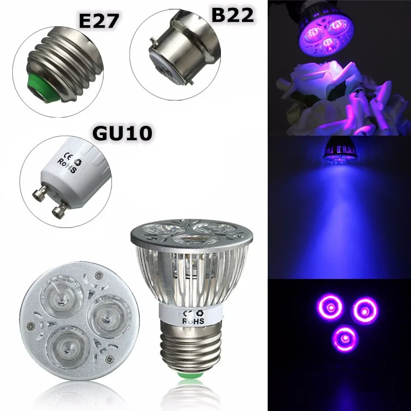 3 W светодиодный светать E27 B22 GU10 УФ ультрафиолетового пурпурного светодиодный лампы завод парниковый эффект; Выращивание растений без