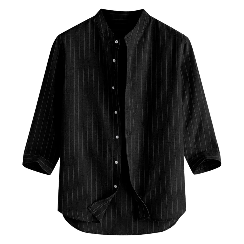 Camisa masculina, летняя мужская рубашка, повседневная, в полоску, со стоячим воротником, с рукавом 7 точек, на пуговицах, хлопковая рубашка, топ, гавайская рубашка, сорочка - Цвет: Black