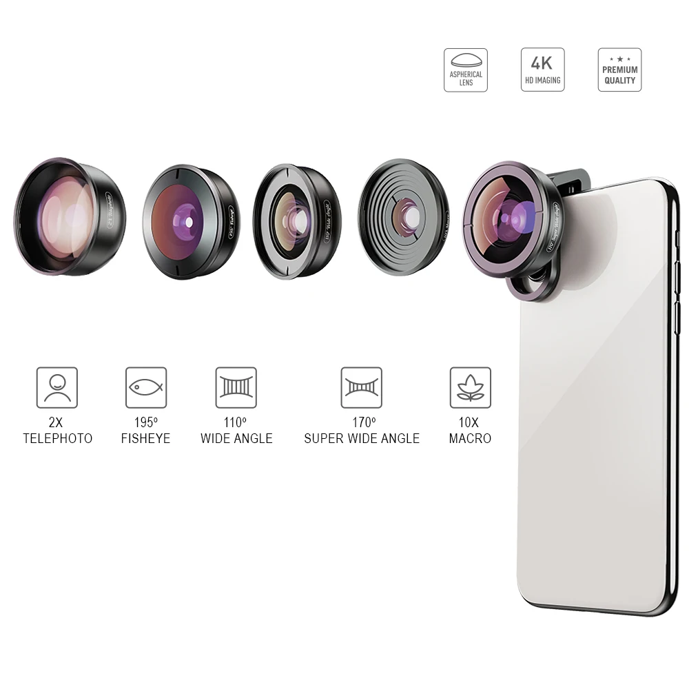 APEXEL HD 5 في 1 هاتف مزود بكاميرا العدسات 4 K واسعة ماكرو تلسكوب سوبر عدسة عين السمكة ل iPhonex xs ماكس سامسونج s9 جميع الهاتف الذكي