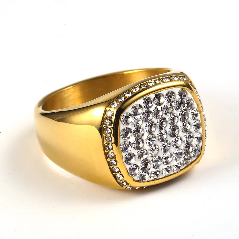 

HIP Hop Rock Full Rhinestone Iced Out Bling Square Ring Titanium Stainless Steel Men Signet Gold Rings Male Rapper Jewelry