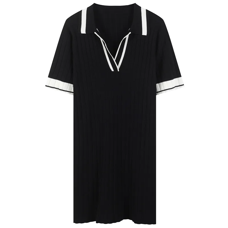 

Women Dress Offcie Lady Color Block Striped Knitted Rib Dress Robe Summer Runway Slim Short Sleeve Pullovers Vestidos Casual