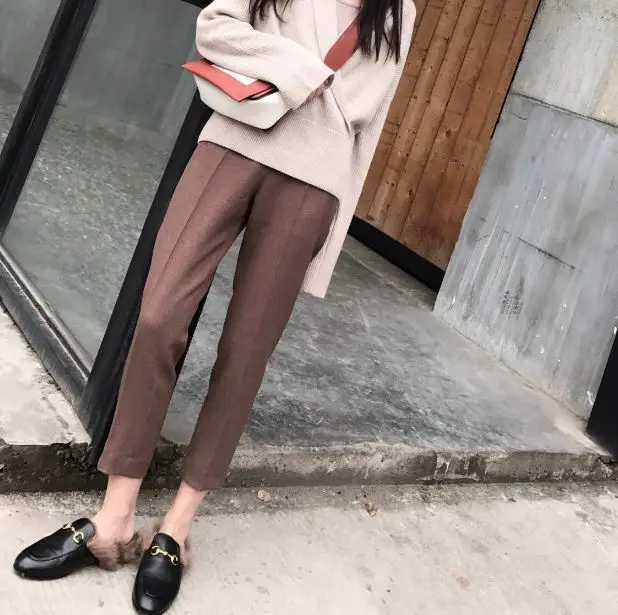 

Leather Pants Lulu Leggings Autumn New Self-cultivation Ankle Length Suit High Waist Leisure Ol Elegant Trousers Women