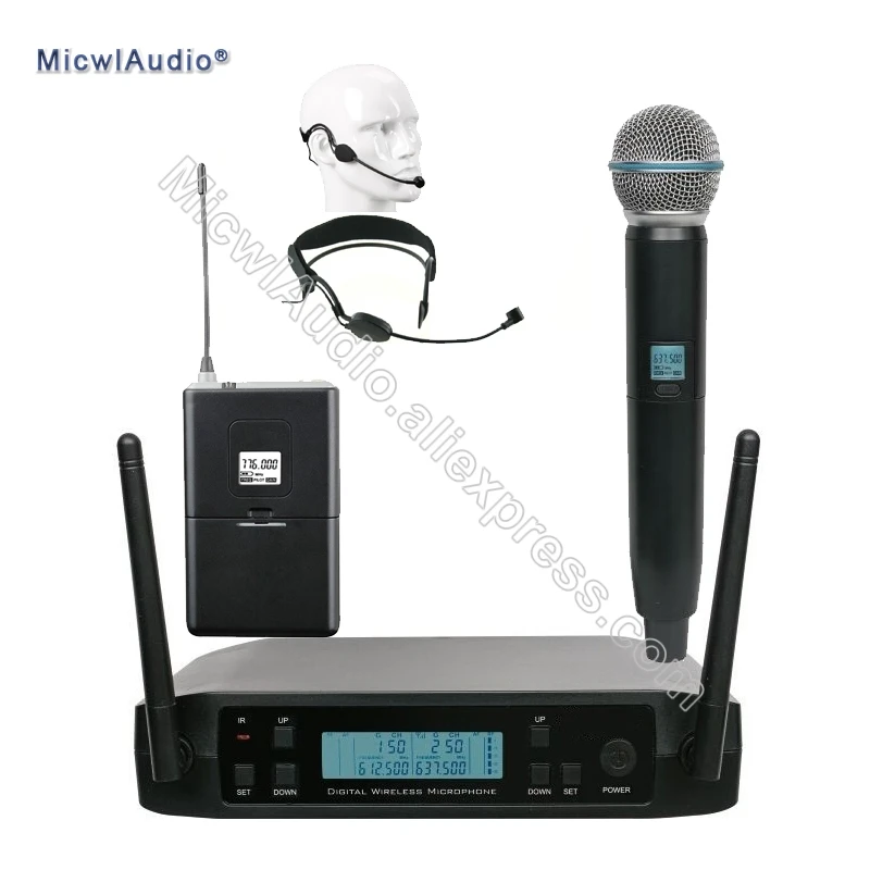 

2 Channel UHF Bodypack+Handheld With Headset Omnidirectional Wireless Microphone Frequency Adjustable Perfect For Stage Karaoke