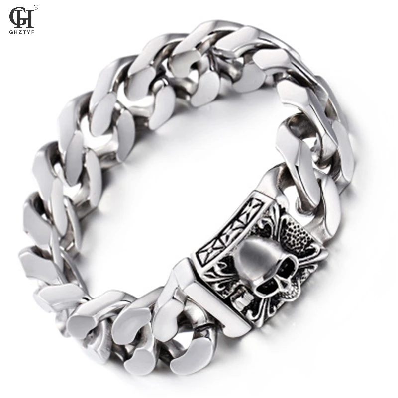 

Men's Skull Silver 316L Stainless Steel Chain Bracelet For Men 2018 Ghost head Link Punk Bracelets Jewelry