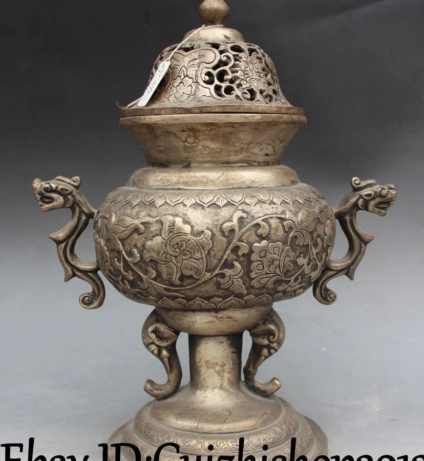 

free shipping 10" Chinese Old Silver Dragon Beast Elephant Incense Burner Censer Incensory