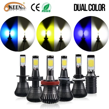 

OKEEN 2x 12V Super Bright Car LED Fog Light Bulbs H1 H3 H7 H11 H8 Dual Color in One Light 6000k White 3000k Yellow Blue Fog Lamp