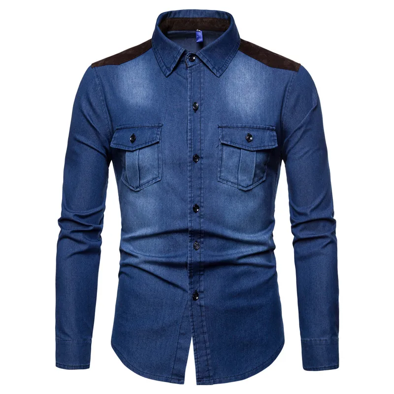 

Fashion Mens Denim Shirt Long Sleeve Plus Size Cotton Jeans Casual Slim Fit Shirts Men Two-Pocket Tops Clothing