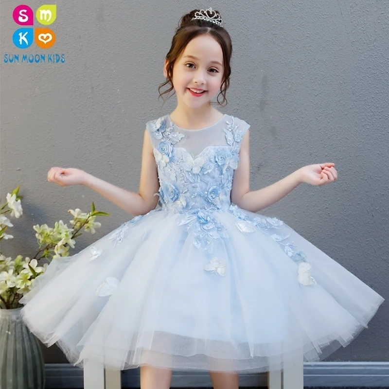 

Glizt Appliques Girl Summer Dress Flower Girl Wedding Dress Light Blue Girl Party Princess Birthday Dress First Communion Gown
