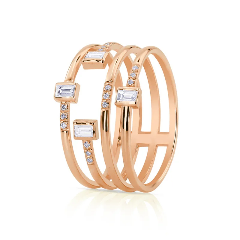 

Fashion new hipster personality four-line ladies ring copper plated silver zircon party ring jewelry