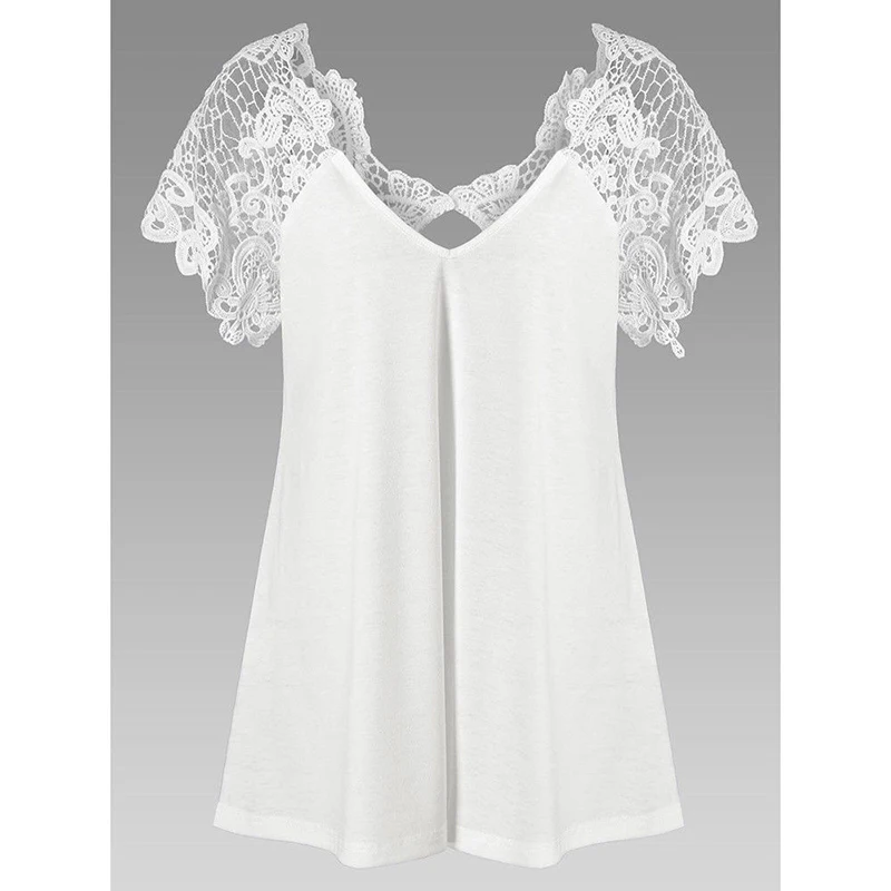 Women's Blouse 2019 Summer Oversized Short Sleeve Loose Shirt Ladies V-Neck Lace Patchwork Casual Tops Tunic Shirt Femme Blusas