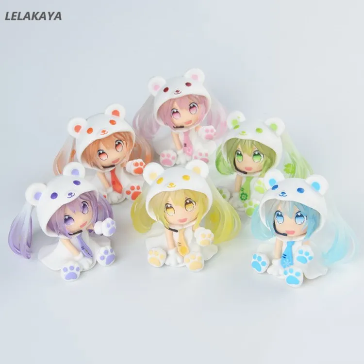 

6cm Snow Miku 2016 Cartoon Bear Version Hatsune Miku Sitting Bear Clothes with Snow Man Anime Action Figure Car Decoration Doll