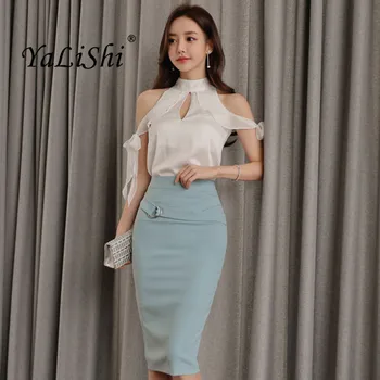

2 Piece Set Elegant Women Suit 2018 Halter Hollow Out Bow Tops Blouse and Midi Pencil Skirts Crop Top and Skirt Sets Vestidos