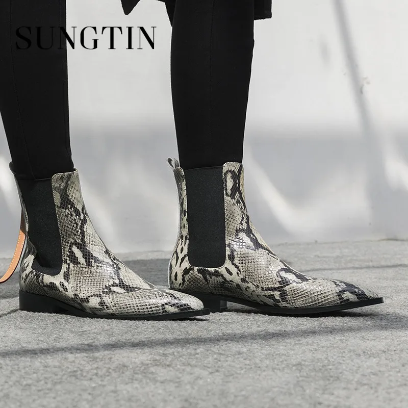 

Sungtin Genuine Cow Leather New Women Chelsea Boots Womens Fashion Pointed Toe Party Boots Shoes Ladies Flat Short Ankle Boots