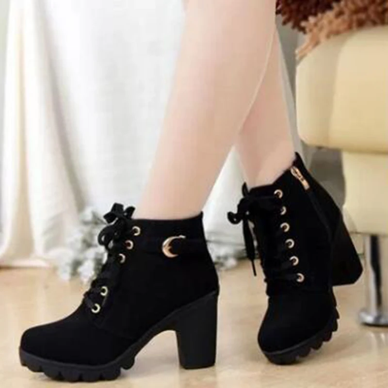 

New Autumn Winter Women Boots High Quality Solid Lace-up European Ladies Shoes Leather Fashion Boots H-054