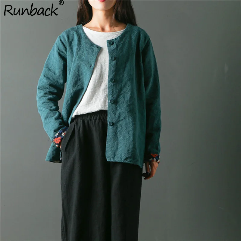 

Runback Jacquard Jacket Women Linen Plus Size Cardigan Long Sleeve Autumn Vintage Navy Jackets Woman Winter 2019 Coats