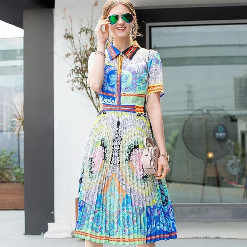 

Short sleeve dress 2019 new spring summer shirt Print flowers Pleated Dress A Line Women Clothing Prairie Chic Party dresses