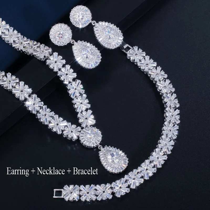 CWWZircons Exclusive Dubai Gold Plate Jewellery Luxury Cubic Zirconia Necklace Earring Bracelet Party Jewelry Set for Women T053 bridal jewelry sets