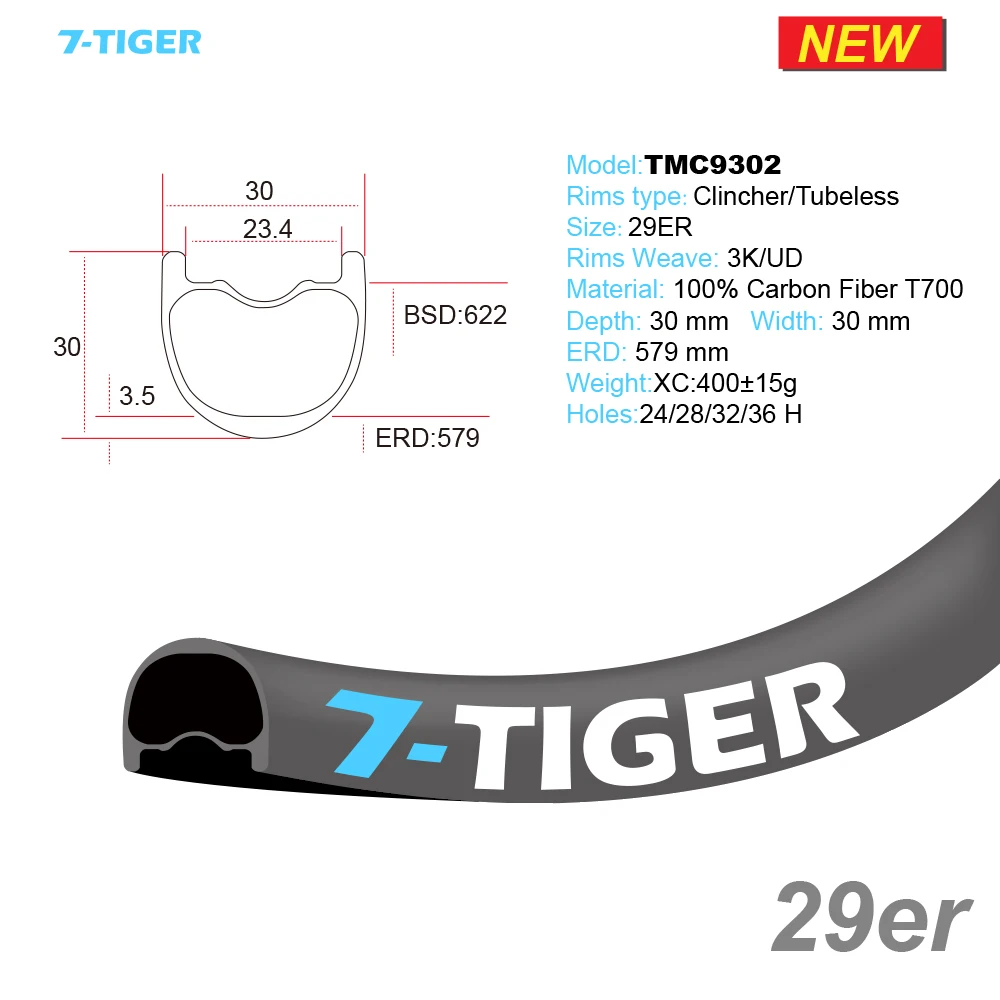 

7-TIGER 400g carbon 29er mtb rim XC hookless carbon rims UD 29inch mountain bike rim tubeless compatible