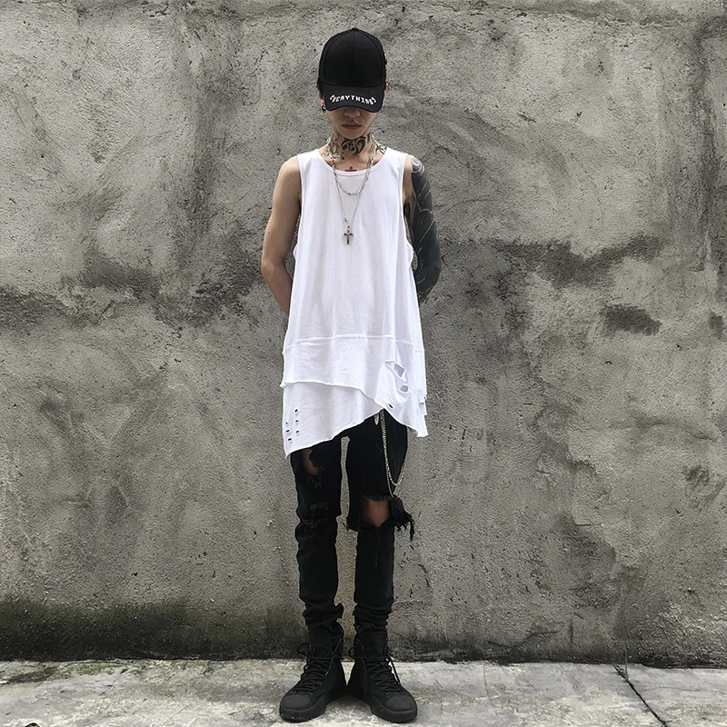 Men summer irregular design ripped oversize tank top with holes man hip hop punk long vest sleeveless shirt