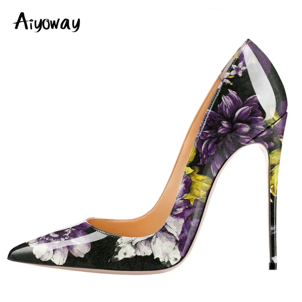 

Aiyoway Fashion Women Ladies Pointed Toe High Heel Pumps Purple Flower Pattern Autumn Spring Party Wedding Shoes Big Size 5~17