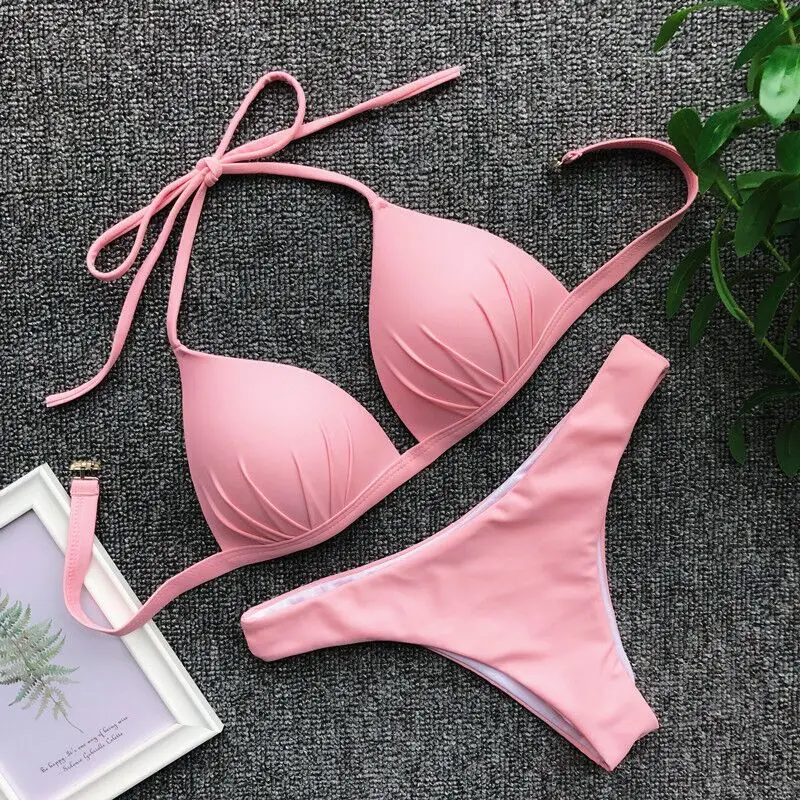 

2019 Sexy Bikini Push Up Swimsuit Swimwear Women White Brazilian Swimming for Halter Solid Bikinis Set Thong Bathing Suit