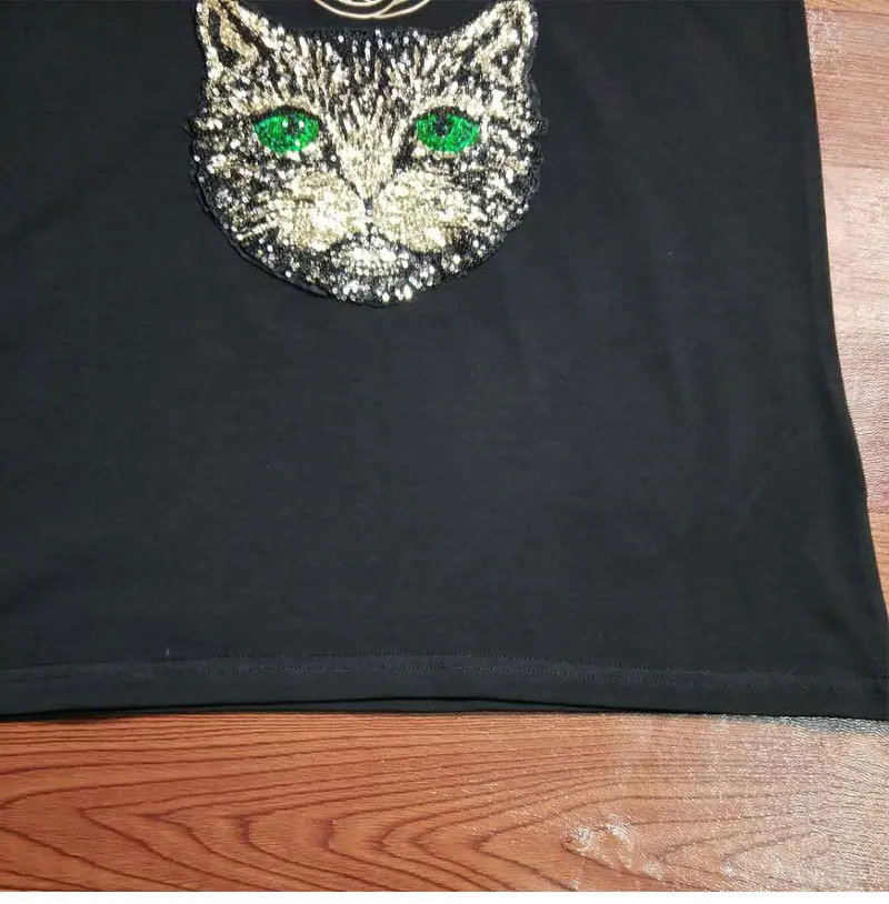 2018 فاشون الصيف عارضة المرأة سيدة قصيرة الأكمام الترتر القط تي شيرت مطبوع النساء المحملة الأعلى