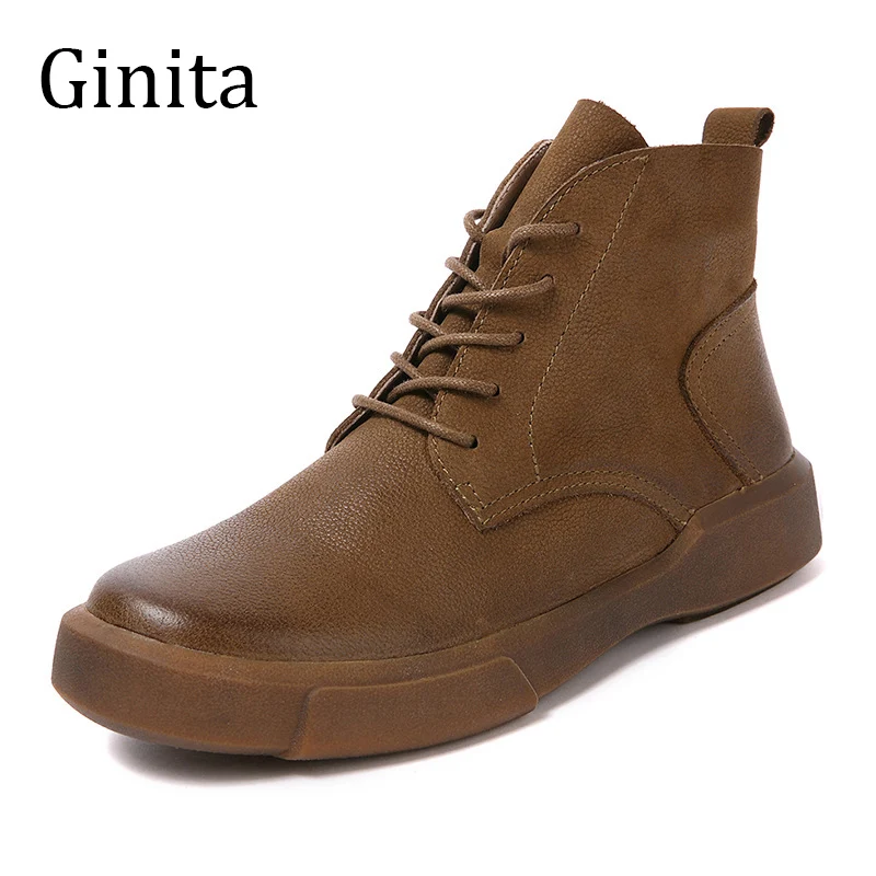 

Ginita Winter Women Martin Boots Footwear Brand Retro Leather Ladies Ankle Boots Cow Leather High Quality Flats Short Boots