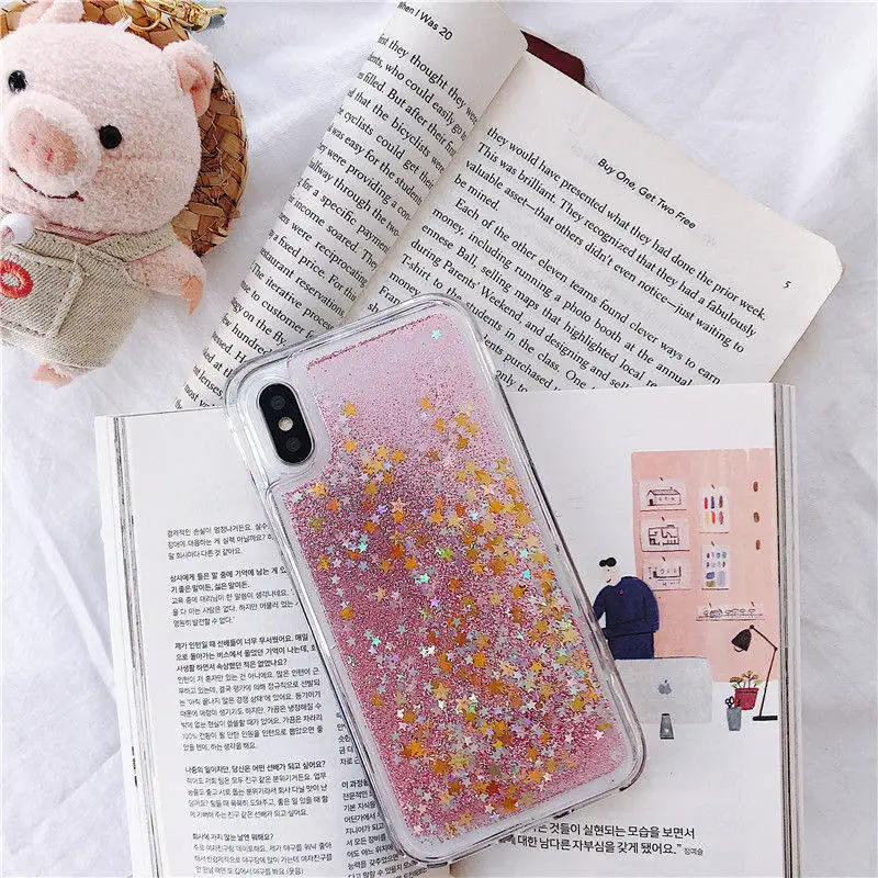 Liquid Quicksand Sand Clear Shell Case For Samsung Galaxy A7 A9 A6 A8 J4 J6 Plus J8 EU Bling Sequins Glitter Dynamic Coque - Цвет: Star Pink