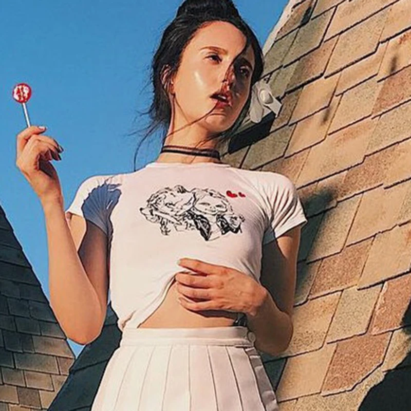 

Summer White Crop Top Best Friends T Shirt Women Girls Print Tight Tee Shirt Femme Tees Shirts Tops