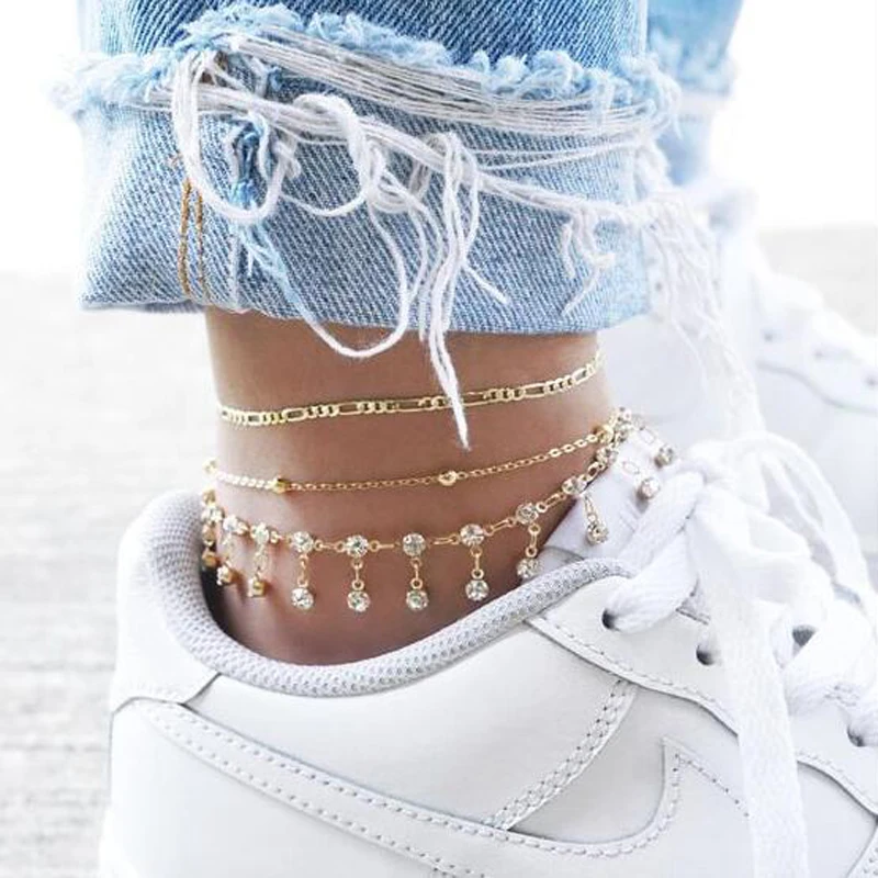 

HuaTang Bohemian Gold Color Anklets for Women Water Drop Crystal Multi Layer Anklets Leg Bracelet Jewelry Tobillera 7077