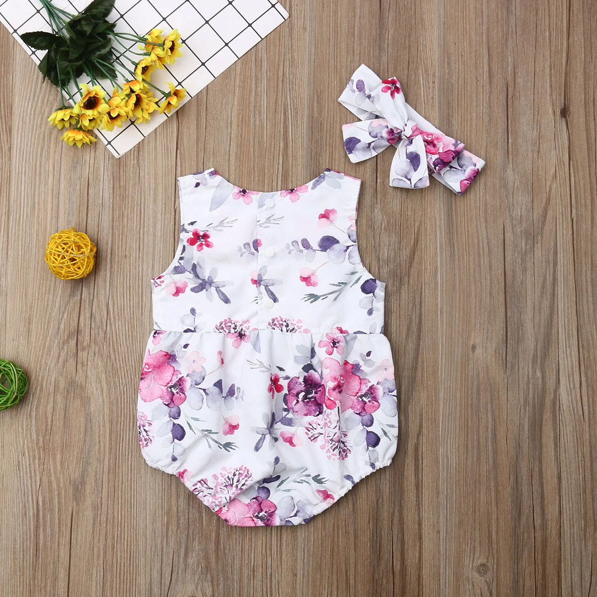 Pudcoco/Одежда для новорожденных девочек; комбинезон без рукавов с цветочным принтом; повязка на голову; комплект из 2 предметов; летняя одежда