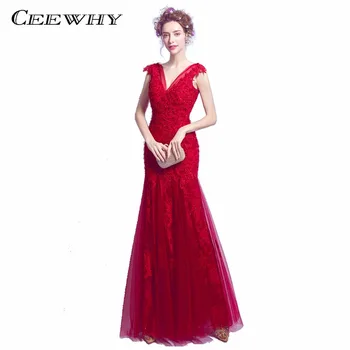 

CEEWHY Burgundy Embroidery Lace Evening Dresses Elegant Prom Formal Dress Vestido de Festa V-Neck Mermaid Evening Gown Long