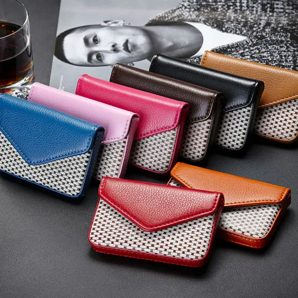 Patchwork PU Leather ID Credit Card Holder Magnetic Buckle Business Card Case RFID Wallet For ...