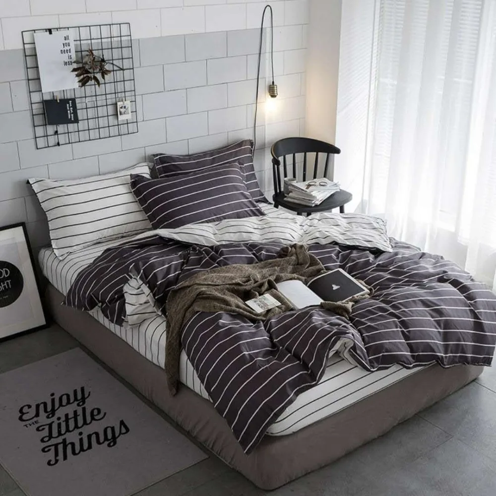 

Simple Grey Striped Bedclothes Flat Bed Sheet Bedding Set King Queen Full Twin Size Duvet Cover Bedclothes Linens Pillowcases