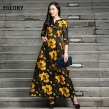 XXXL Women Spring Summer Designer Long Dress 2018 Vintage 1950s Style Rockabilly Female Yellow Floral Jacquard Print Dress Maxi